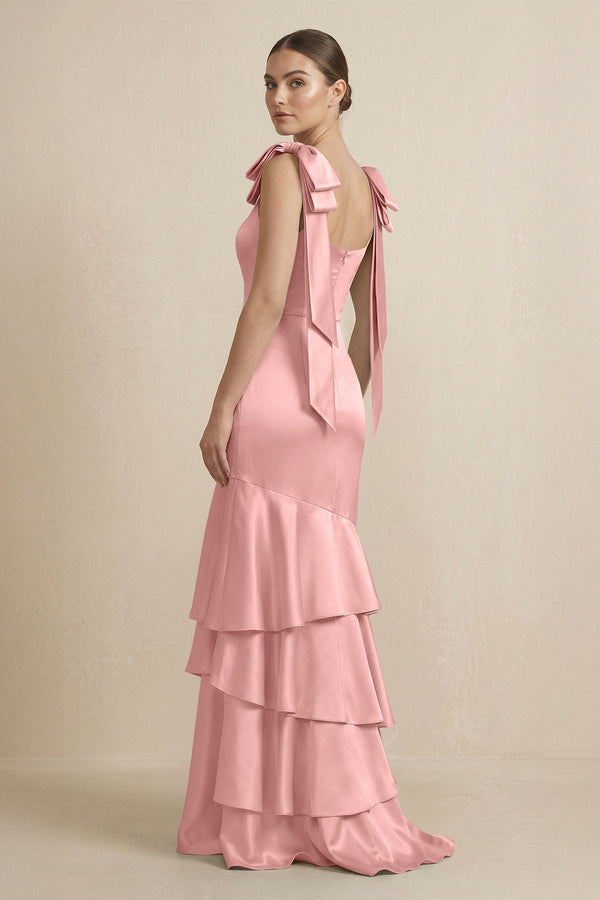 Tiered Maxi Satin Bridesmaid Dress with Bow Straps in Rosette - KissProm Bridesmaid Dresses