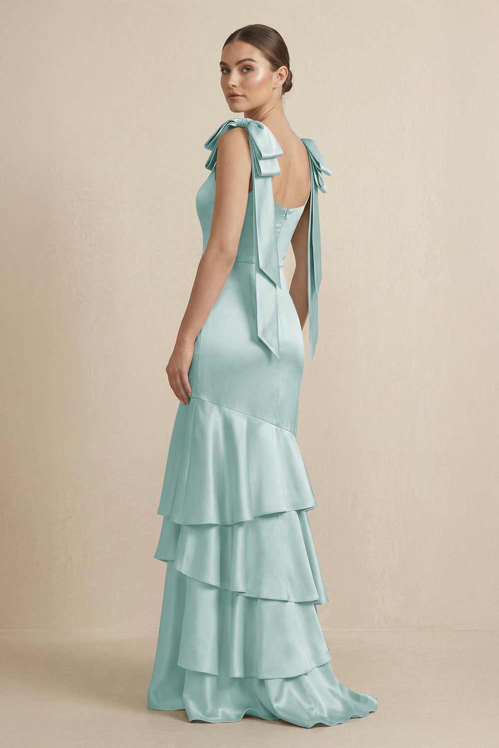 Tiered Maxi Satin Bridesmaid Dress with Bow Straps in Sage - KissProm Bridesmaid Dresses