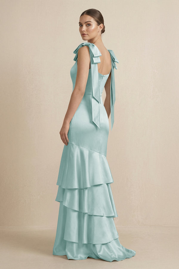 Tiered Maxi Satin Bridesmaid Dress with Bow Straps in Sage - KissProm Bridesmaid Dresses