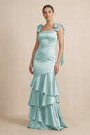 Tiered Maxi Satin Bridesmaid Dress with Bow Straps in Sage - KissProm Bridesmaid Dresses