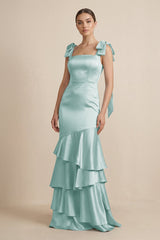 Tiered Maxi Satin Bridesmaid Dress with Bow Straps in Sage - KissProm Bridesmaid Dresses