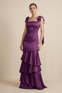 Tiered Maxi Satin Bridesmaid Dress with Bow Straps in Sangria - KissProm Bridesmaid Dresses