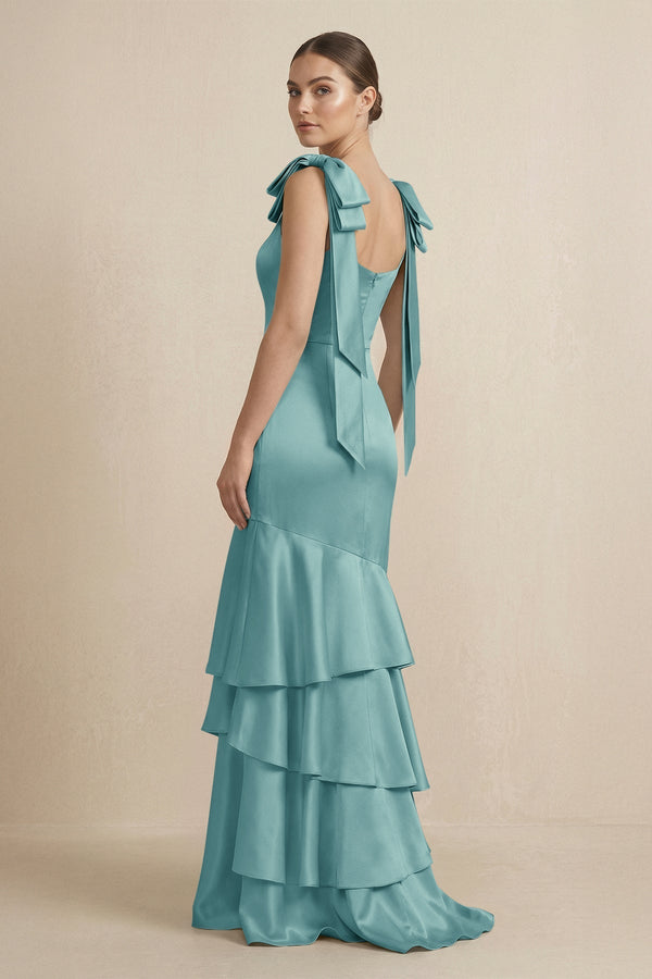 Tiered Maxi Satin Bridesmaid Dress with Bow Straps in Sea Glass - KissProm Bridesmaid Dresses