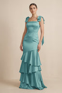 Tiered Maxi Satin Bridesmaid Dress with Bow Straps in Sea Glass - KissProm Bridesmaid Dresses