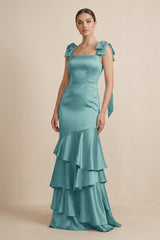 Tiered Maxi Satin Bridesmaid Dress with Bow Straps in Sea Glass - KissProm Bridesmaid Dresses