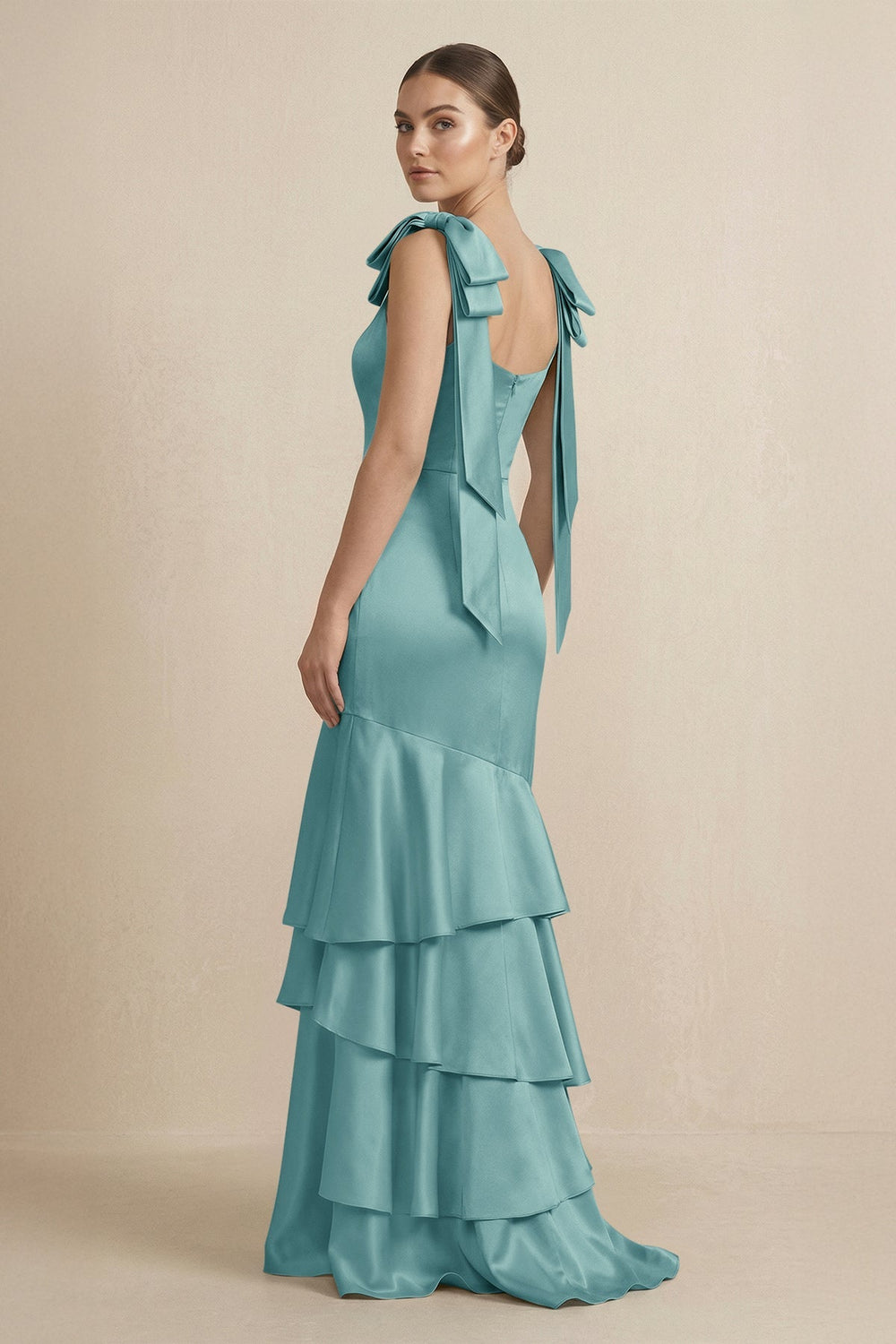 Tiered Maxi Satin Bridesmaid Dress with Bow Straps in Sea Glass - KissProm Bridesmaid Dresses