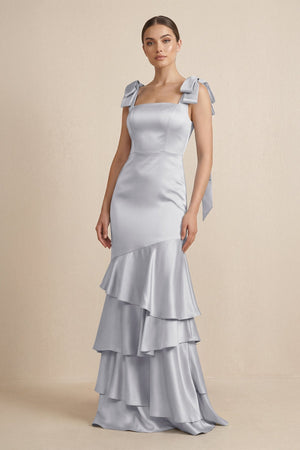 Tiered Maxi Satin Bridesmaid Dress with Bow Straps in Silver - KissProm Bridesmaid Dresses
