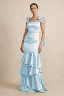 Tiered Maxi Satin Bridesmaid Dress with Bow Straps in Sky Blue - KissProm Bridesmaid Dresses