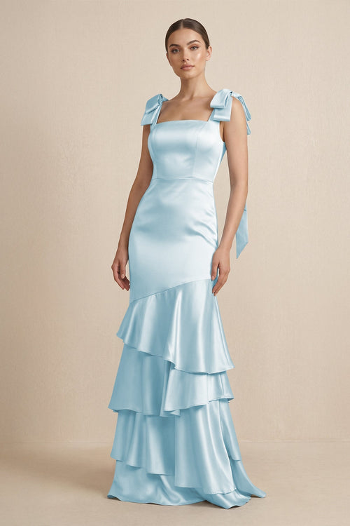 Tiered Maxi Satin Bridesmaid Dress with Bow Straps in Sky Blue - KissProm Bridesmaid Dresses