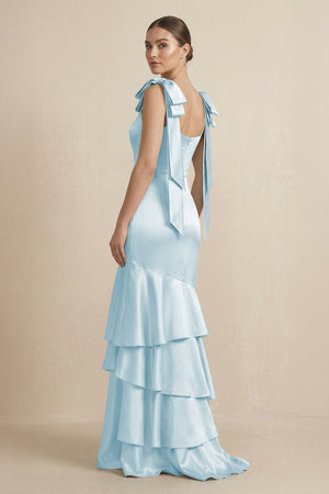 Tiered Maxi Satin Bridesmaid Dress with Bow Straps in Sky Blue - KissProm Bridesmaid Dresses