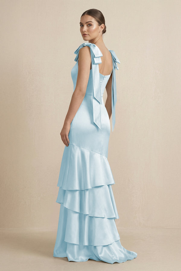 Tiered Maxi Satin Bridesmaid Dress with Bow Straps in Sky Blue - KissProm Bridesmaid Dresses