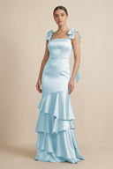 Tiered Maxi Satin Bridesmaid Dress with Bow Straps in Sky Blue - KissProm Bridesmaid Dresses