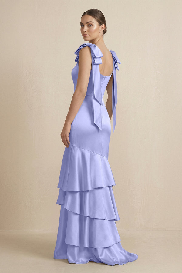 Tiered Maxi Satin Bridesmaid Dress with Bow Straps in Steel Blue - KissProm Bridesmaid Dresses
