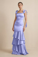 Tiered Maxi Satin Bridesmaid Dress with Bow Straps in Steel Blue - KissProm Bridesmaid Dresses