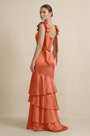 Tiered Maxi Satin Bridesmaid Dress with Bow Straps in Terracotta - KissProm Bridesmaid Dresses
