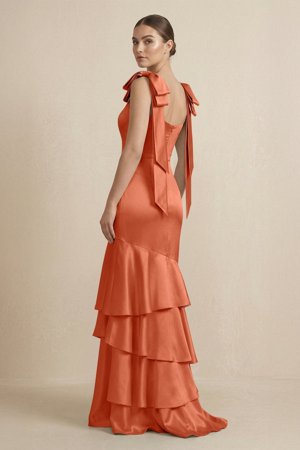 Tiered Maxi Satin Bridesmaid Dress with Bow Straps in Terracotta - KissProm Bridesmaid Dresses