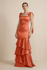 Tiered Maxi Satin Bridesmaid Dress with Bow Straps in Terracotta - KissProm Bridesmaid Dresses