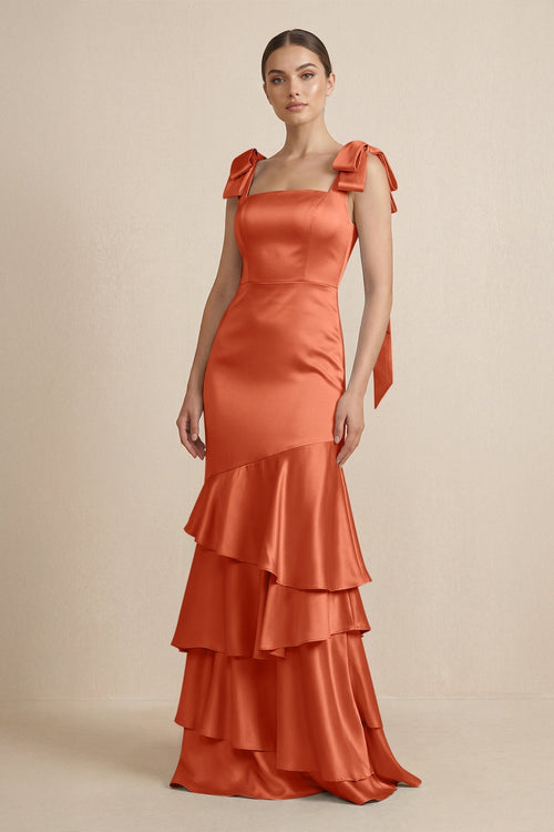 Tiered Maxi Satin Bridesmaid Dress with Bow Straps in Terracotta - KissProm Bridesmaid Dresses