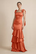 Tiered Maxi Satin Bridesmaid Dress with Bow Straps in Terracotta - KissProm Bridesmaid Dresses