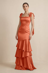 Tiered Maxi Satin Bridesmaid Dress with Bow Straps in Terracotta - KissProm Bridesmaid Dresses