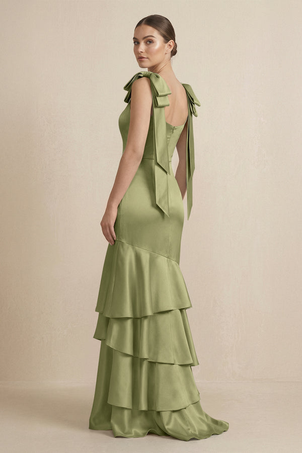 Tiered Maxi Satin Bridesmaid Dress with Bow Straps in Thyme - KissProm Bridesmaid Dresses