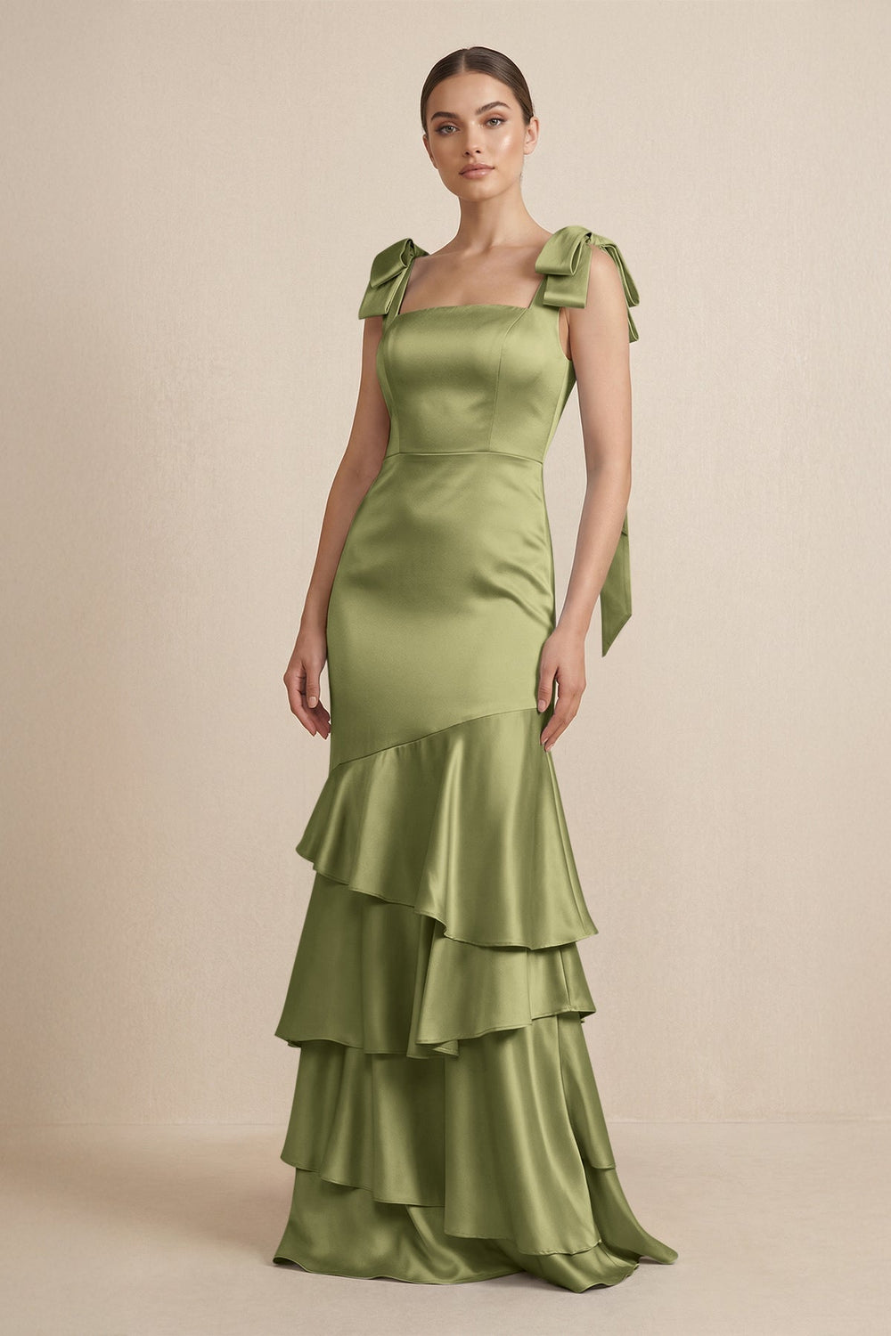 Tiered Maxi Satin Bridesmaid Dress with Bow Straps in Thyme - KissProm Bridesmaid Dresses