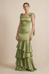 Tiered Maxi Satin Bridesmaid Dress with Bow Straps in Thyme - KissProm Bridesmaid Dresses