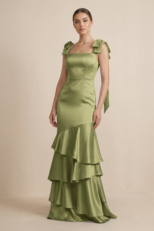 Tiered Maxi Satin Bridesmaid Dress with Bow Straps in Thyme - KissProm Bridesmaid Dresses