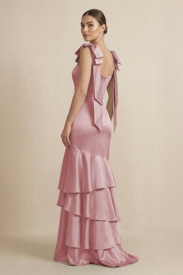 Tiered Maxi Satin Bridesmaid Dress with Bow Straps in Toffee - KissProm Bridesmaid Dresses