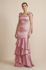 Tiered Maxi Satin Bridesmaid Dress with Bow Straps in Toffee - KissProm Bridesmaid Dresses