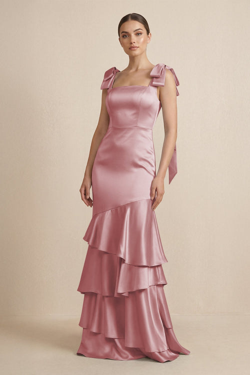 Tiered Maxi Satin Bridesmaid Dress with Bow Straps in Toffee - KissProm Bridesmaid Dresses