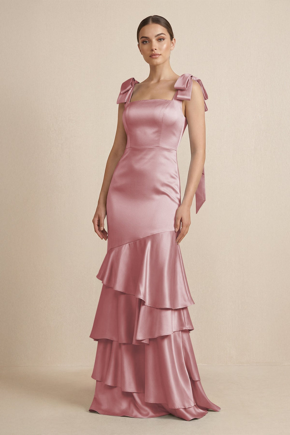 Tiered Maxi Satin Bridesmaid Dress with Bow Straps in Toffee - KissProm Bridesmaid Dresses