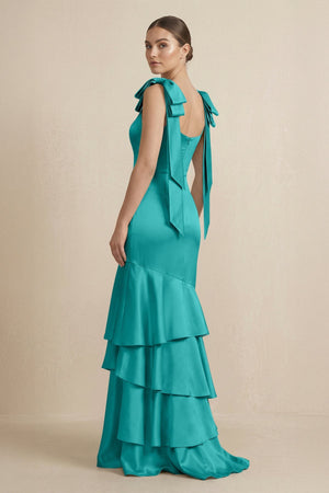 Tiered Maxi Satin Bridesmaid Dress with Bow Straps in Turquoise - KissProm Bridesmaid Dresses