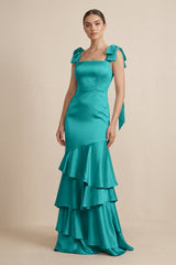 Tiered Maxi Satin Bridesmaid Dress with Bow Straps in Turquoise - KissProm Bridesmaid Dresses