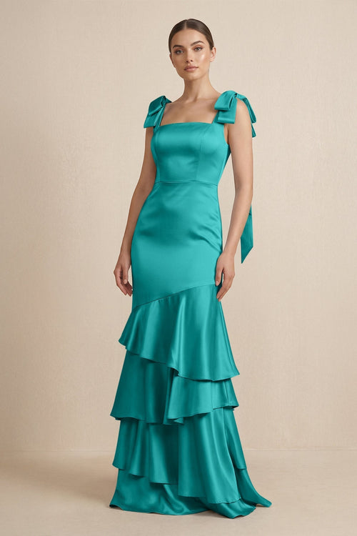 Tiered Maxi Satin Bridesmaid Dress with Bow Straps in Turquoise - KissProm Bridesmaid Dresses