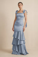 Tiered Maxi Satin Bridesmaid Dress with Bow Straps in Twilight - KissProm Bridesmaid Dresses