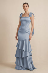 Tiered Maxi Satin Bridesmaid Dress with Bow Straps in Twilight - KissProm Bridesmaid Dresses