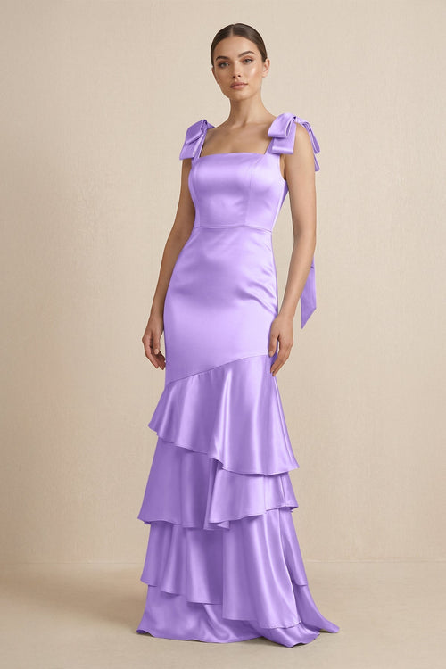 Tiered Maxi Satin Bridesmaid Dress with Bow Straps in Vintage Mauve - KissProm Bridesmaid Dresses
