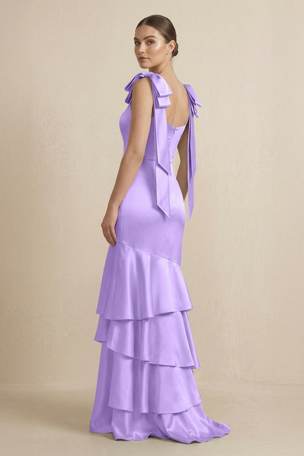Tiered Maxi Satin Bridesmaid Dress with Bow Straps in Vintage Mauve - KissProm Bridesmaid Dresses