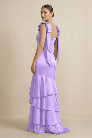 Tiered Maxi Satin Bridesmaid Dress with Bow Straps in Vintage Mauve - KissProm Bridesmaid Dresses