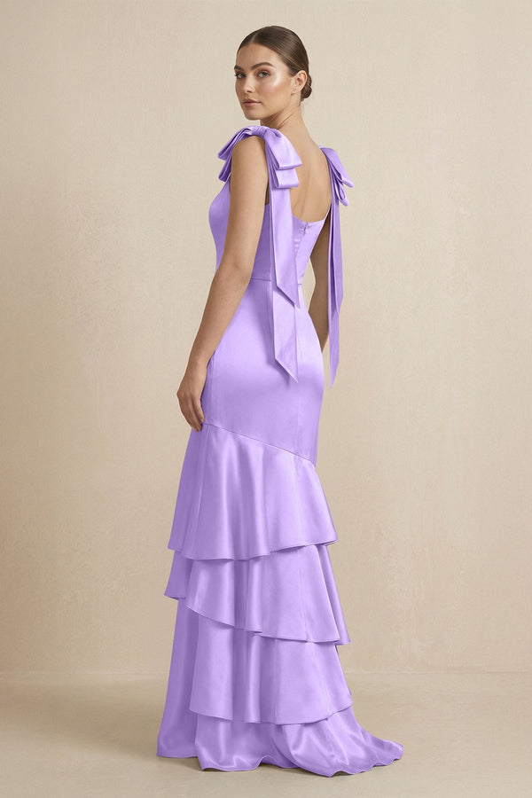 Tiered Maxi Satin Bridesmaid Dress with Bow Straps in Vintage Mauve - KissProm Bridesmaid Dresses