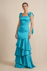 Tiered Maxi Satin Bridesmaid Dress with Bow Straps in Viridian Green - KissProm Bridesmaid Dresses