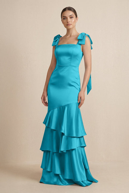 Tiered Maxi Satin Bridesmaid Dress with Bow Straps in Viridian Green - KissProm Bridesmaid Dresses