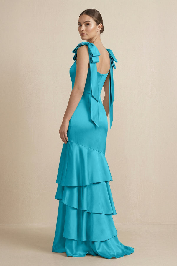 Tiered Maxi Satin Bridesmaid Dress with Bow Straps in Viridian Green - KissProm Bridesmaid Dresses