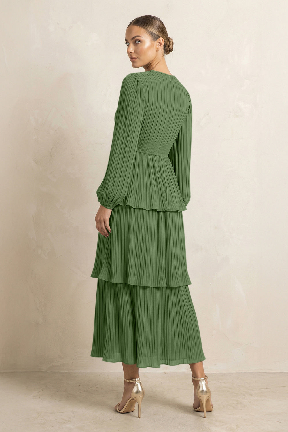 V-Neck Tiered A-Line Chiffon Midi Bridesmaid Dress in Moss