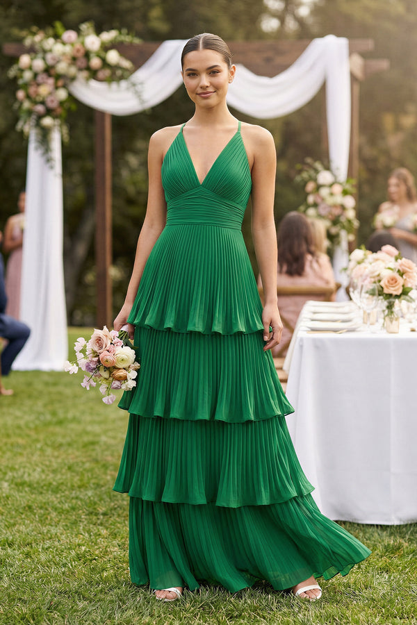 Tiered Pleated V-Neck A-Line Chiffon Bridesmaid Dress in Dark Green, Dark Green / 10