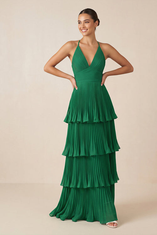 Tiered Pleated V-Neck A-Line Chiffon Bridesmaid Dress in Dark Green, Dark Green / 10