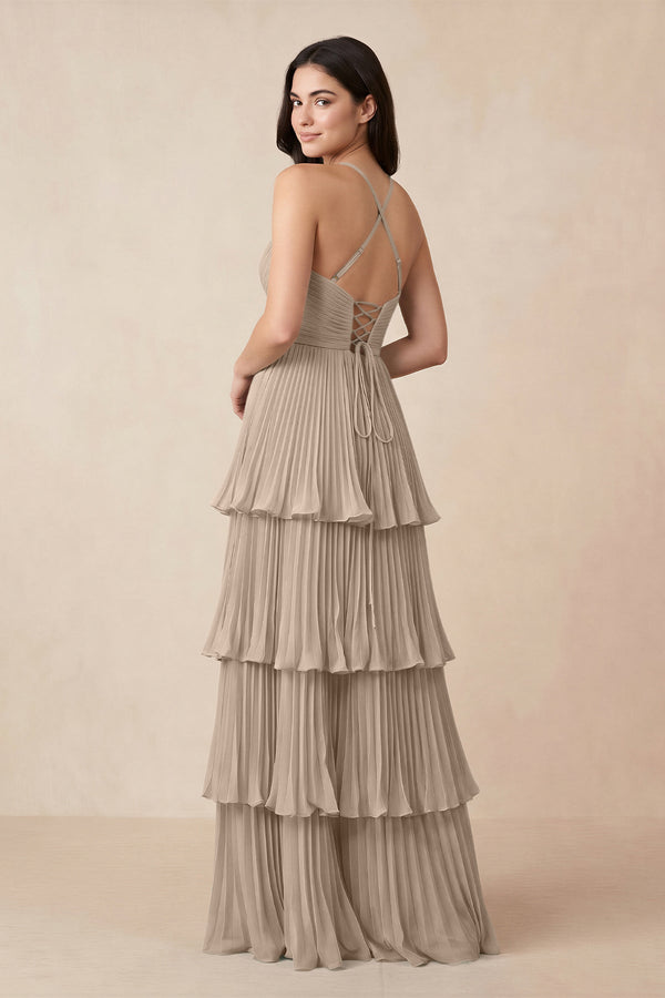 Tiered Pleated V - Neck A - Line Chiffon Bridesmaid Dress in Almond - KissProm Bridesmaid Dresses