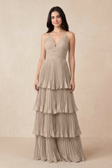 Tiered Pleated V - Neck A - Line Chiffon Bridesmaid Dress in Almond - KissProm Bridesmaid Dresses