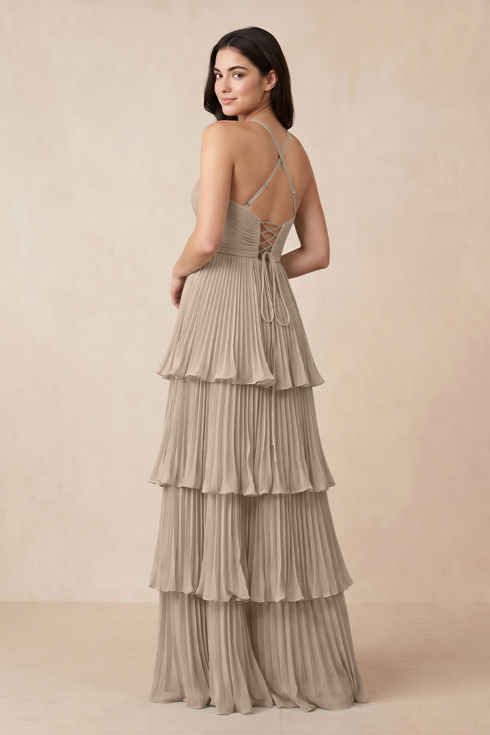 Tiered Pleated V - Neck A - Line Chiffon Bridesmaid Dress in Almond - KissProm Bridesmaid Dresses
